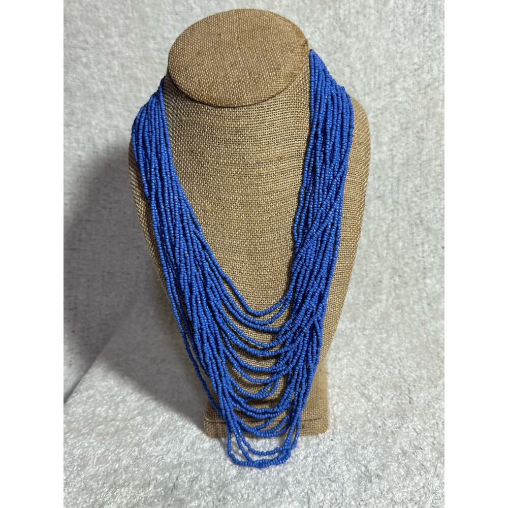 Waterfall Layered Style Light Blue Seed Beads Necklace Over Head 19.5 Long